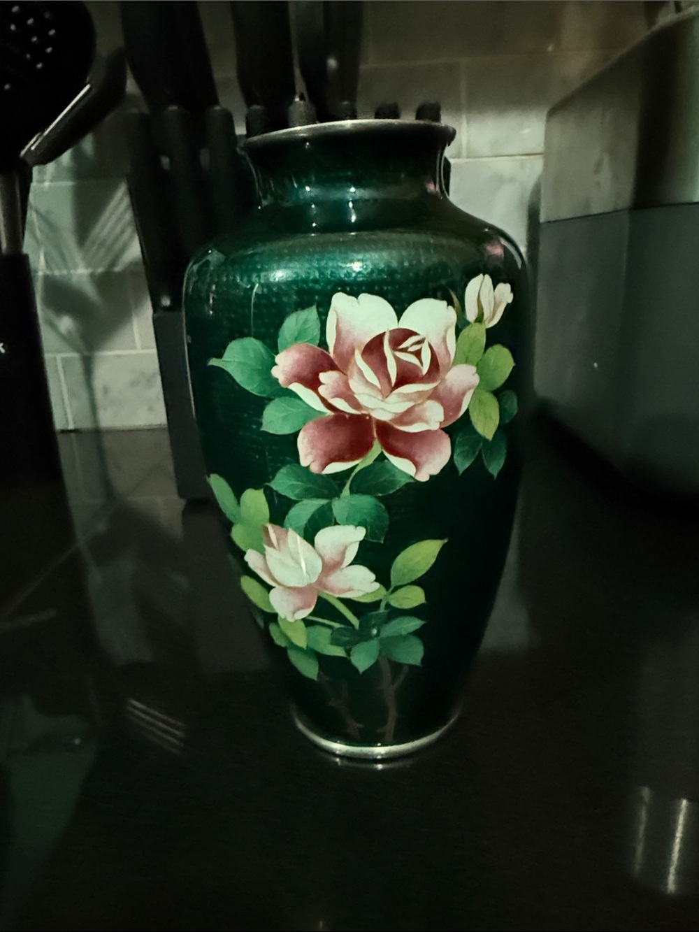 A Japanese ginbari cloisonne vase decorated with pink roses.